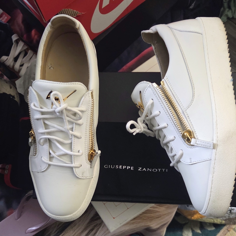 Giuseppe Zanotti White Sneakers with Gold Accents Size 44